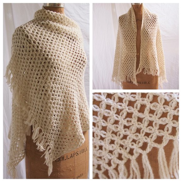 Handmade Vintage Accessories - vtg 60s 70s Mod Crocheted Ivory Silver Metallic Granny Shawl Wrap Scarf Fringe